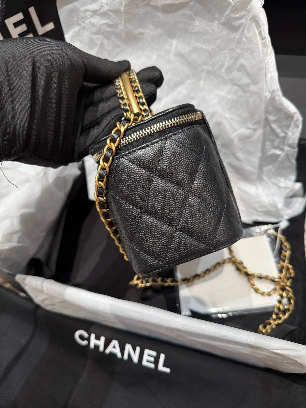 CHANEL Black Gold Caviar Calfskin Top Handle Box Bag For Women