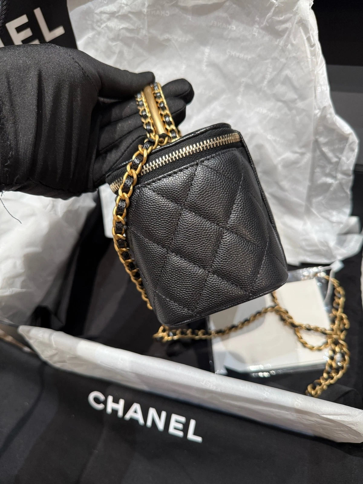 CHANEL Black Gold Caviar Calfskin Top Handle Box Bag For Women
