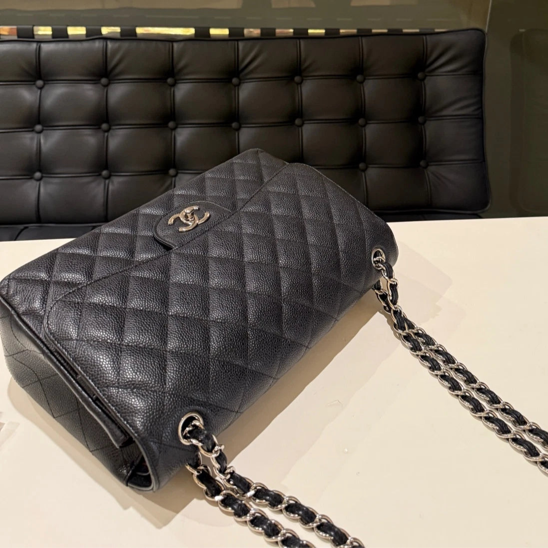 CHANEL Classic Flap Jumbo Black Caviar Leather Silver Hardware Bag