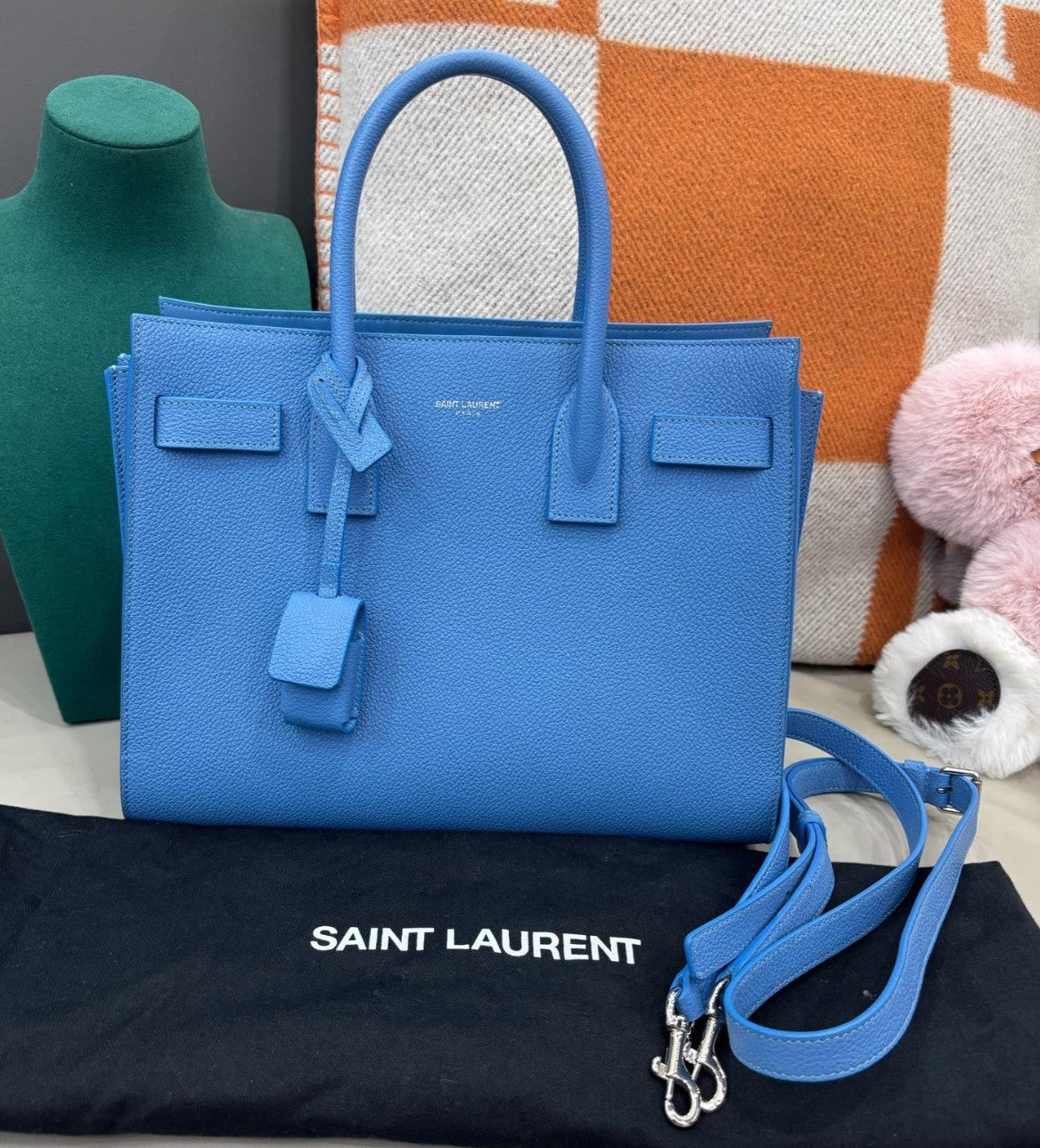Saint Laurent Calfskin Tote Top Handle Bag Crossbody Blue Silver Women Classic