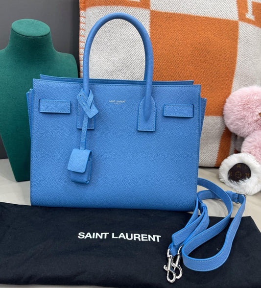 Saint Laurent Calfskin Tote Top Handle Bag Crossbody Blue Silver Women Classic