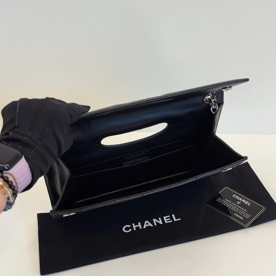 Chanel Diamond Chain Satchel Top Handle Shoulder Bag Black Silver Women Classic