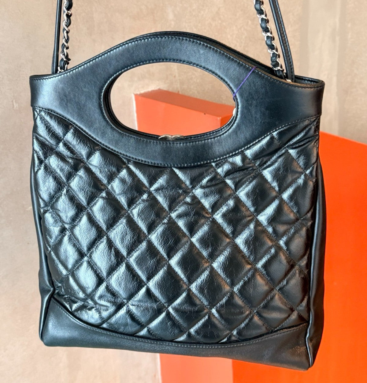 Chanel 31Bag PM Chain Shoulder Bag Top Handle Black Silver Diamond Women Classic