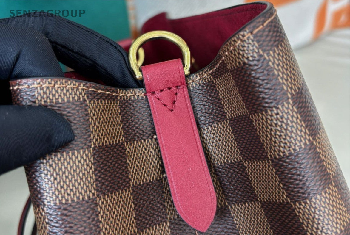 Louis Vuitton Damier Bucket MM Shoulder Bag Brown Red Gold Women Classic
