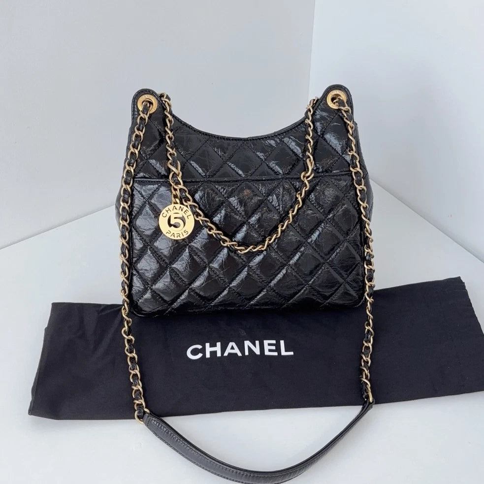 Chip Version Chanel Hobo MM Diamond Gold Chain Black Shoulder Bag Crossbody
