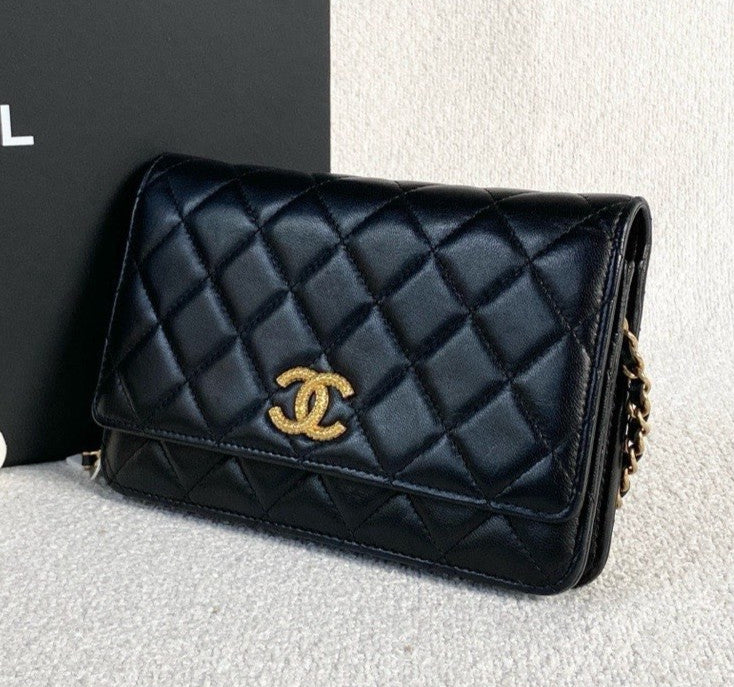 Chanel WOC Lambskin Chain Shoulder Bag Crossbody Black Gold Women Classic