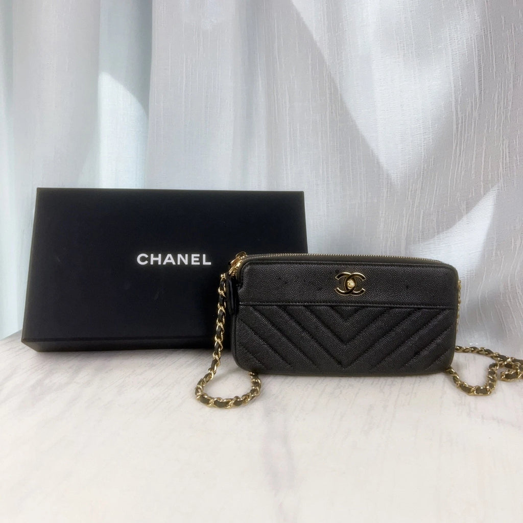 CHANEL Black Gold Caviar Leather WOC Shoulder Bag For Women