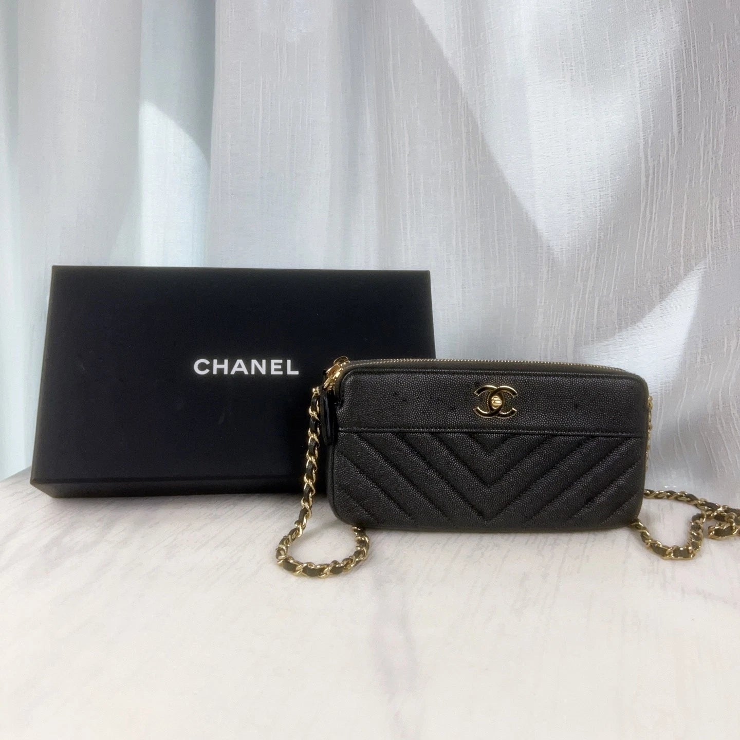 CHANEL Black Gold Caviar Leather WOC Shoulder Bag For Women