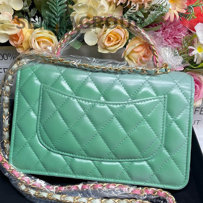 CHANEL 23P Rainbow Handle Green Lambskin WOC Chain Shoulder Bag