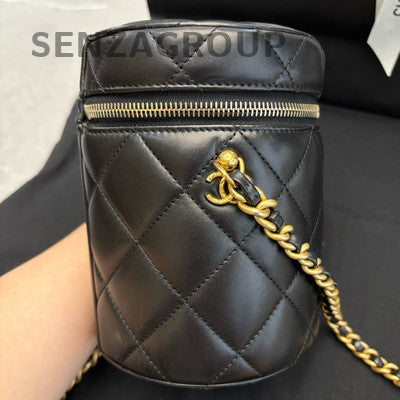 Chanel Black Vintage Gold Lambskin Chain Letter Bucket Crossbody Bag