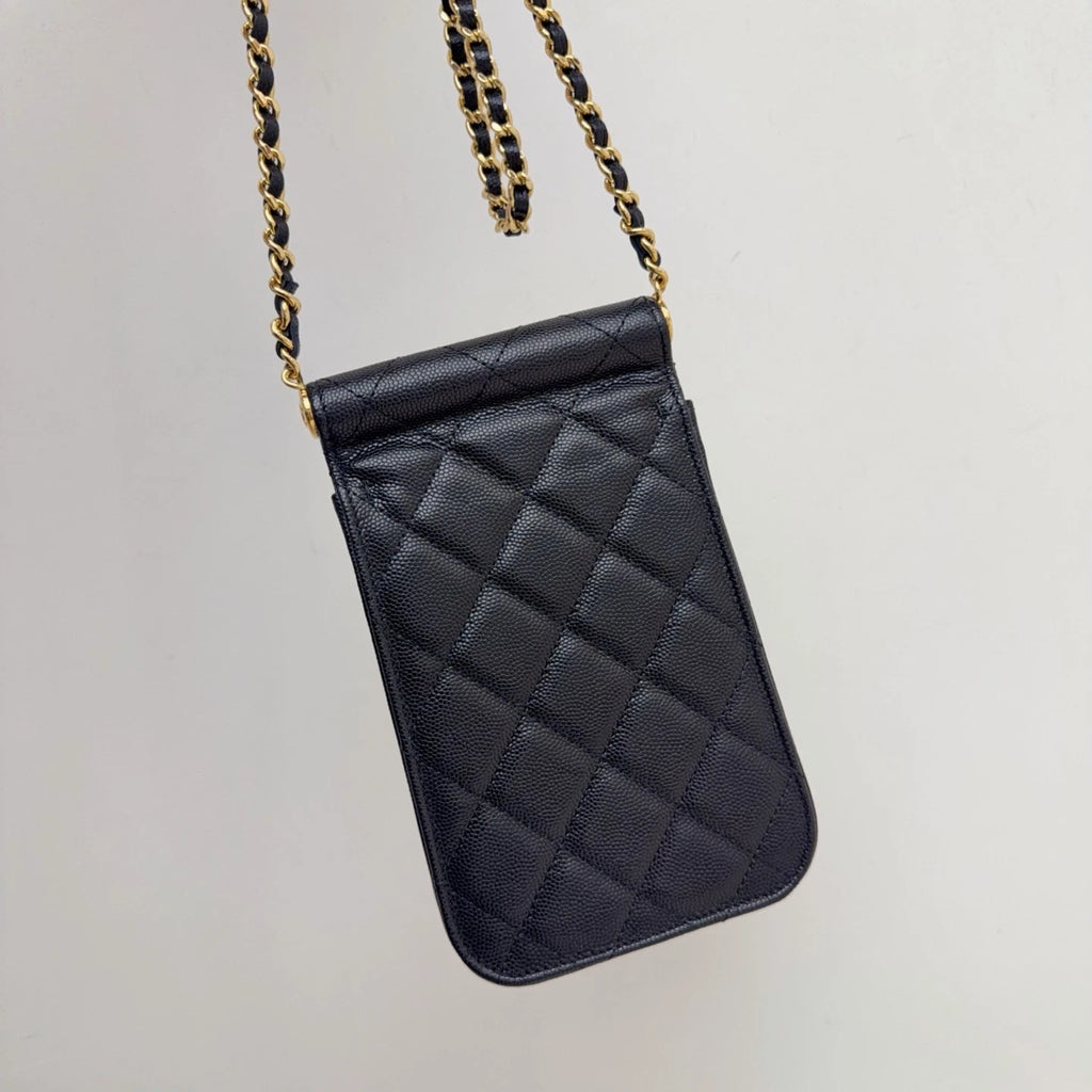 Chanel Caviar Leather Phone Case Crossbody Bag Card Holder Black Classic