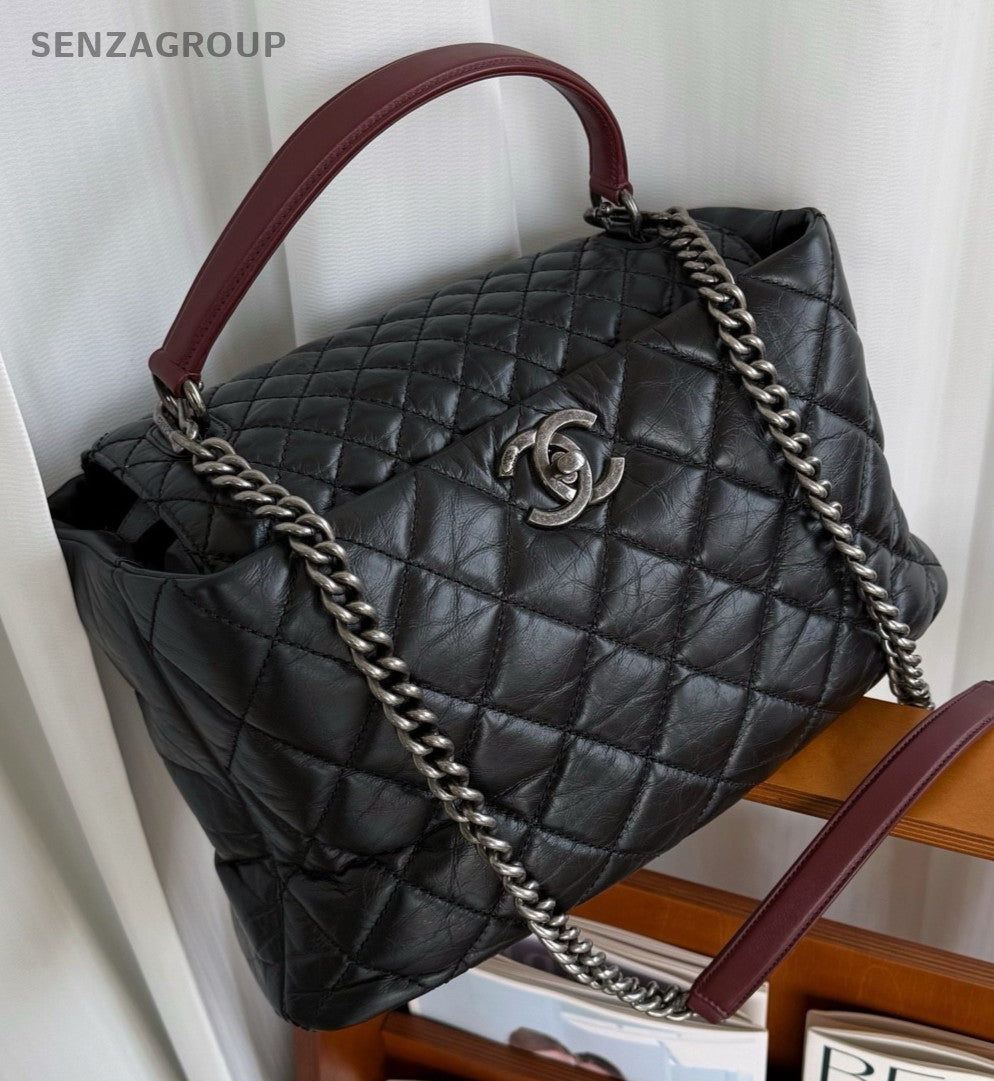 Chanel Calfskin Chain Diamond Top handle bag Shoulder Bag Black Silver Women