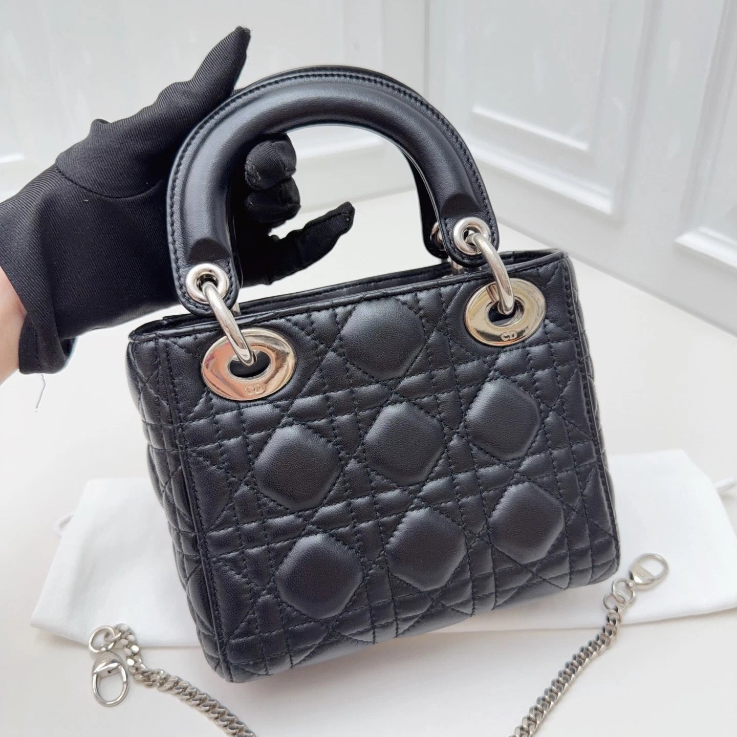 Christian Dior Lady Dior Lambskin Black Handbag Chain Crossbody Silver Hardware