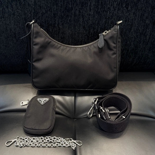 Prada Nylon 3-in-1 Chain Shoulder Crossbody Bag Black Silver Women D