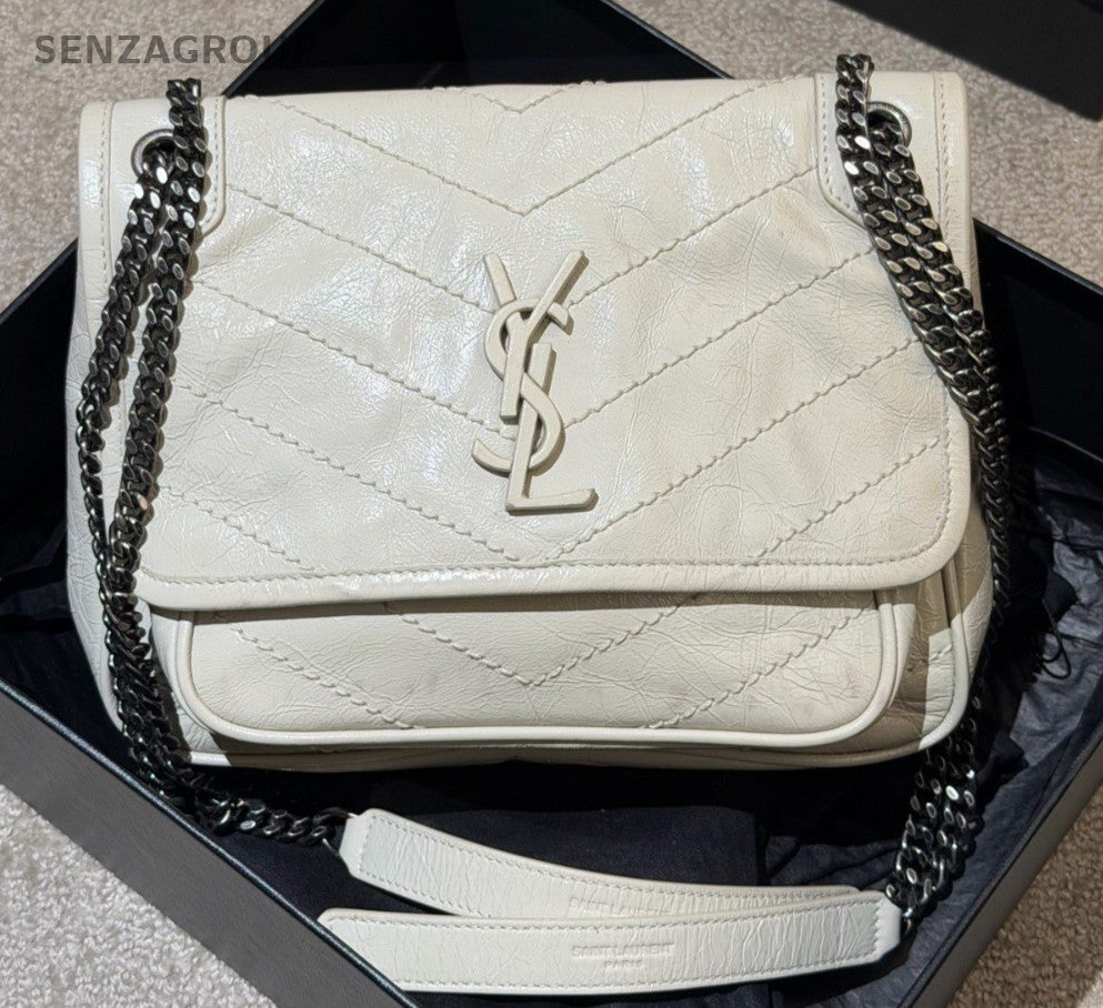 Saint Laurent Niki PM Chain Shoulder Bag White Silver Used Women Classic Fashion