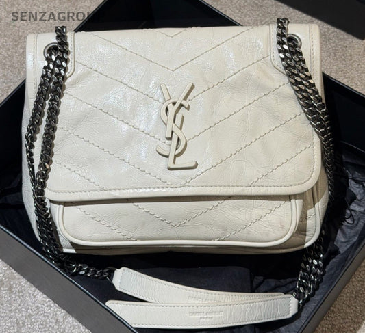 Saint Laurent Niki PM Chain Shoulder Bag White Silver Used Women Classic Fashion