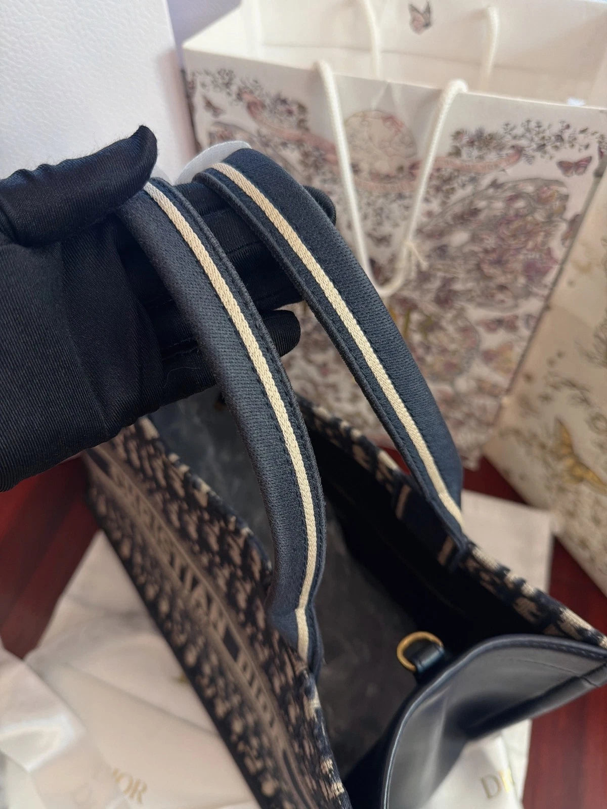 Excellent Christian Dior Book Tote MM Oblique Canvas Blue Handbag Shoulder Bag