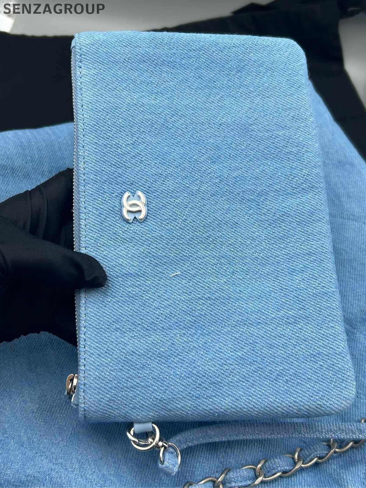 Chanel 22 Bag Denim Small Blue Silver Chain Crossbody Shoulder Bag