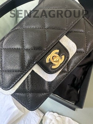 Chanel 24K Quilted Calfskin Mini Chain Shoulder Crossbody Bag Black Gold