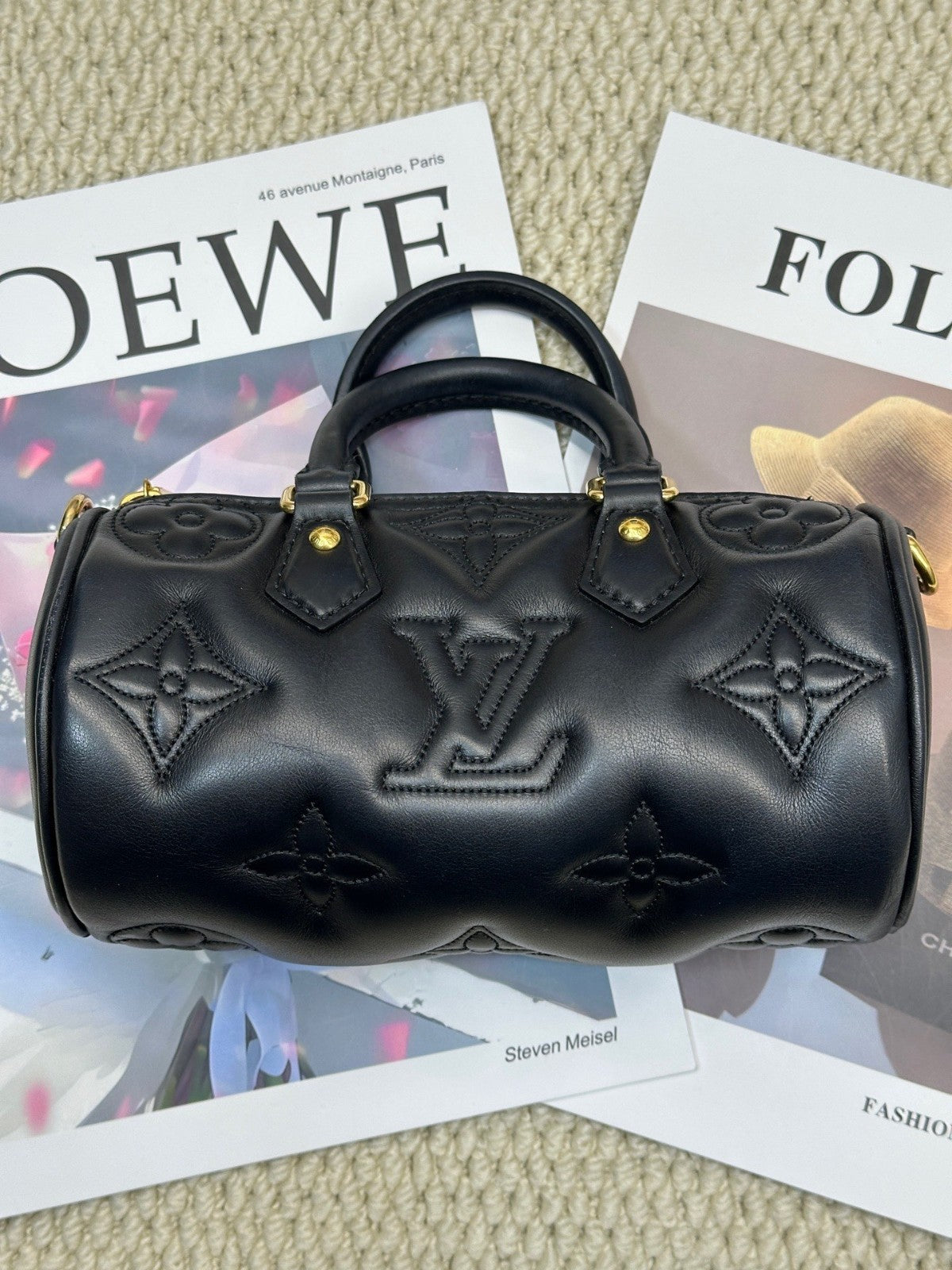 Louis Vuitton Papillon BB All Leather Top Handle Chain Shoulder Handbag Black