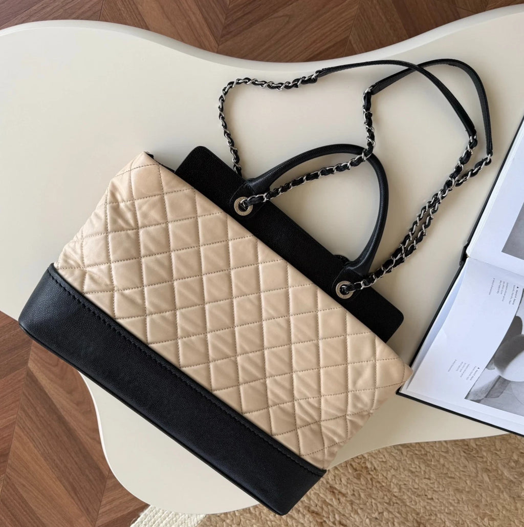 Chanel Diamond Tote Chain Top Handle Shoulder Bag Beige Black Silver Women