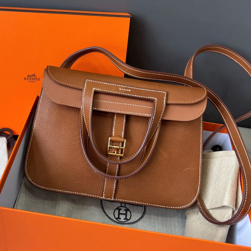 Excellent Hermes Halzan25 2Way Brown Gold Handbag Crossbody with Dust Bag Box