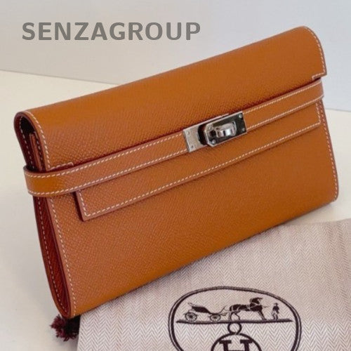 Hermes Kelly Long Wallet Clutch Epsom Brown Silver Used Women Classic Fashion