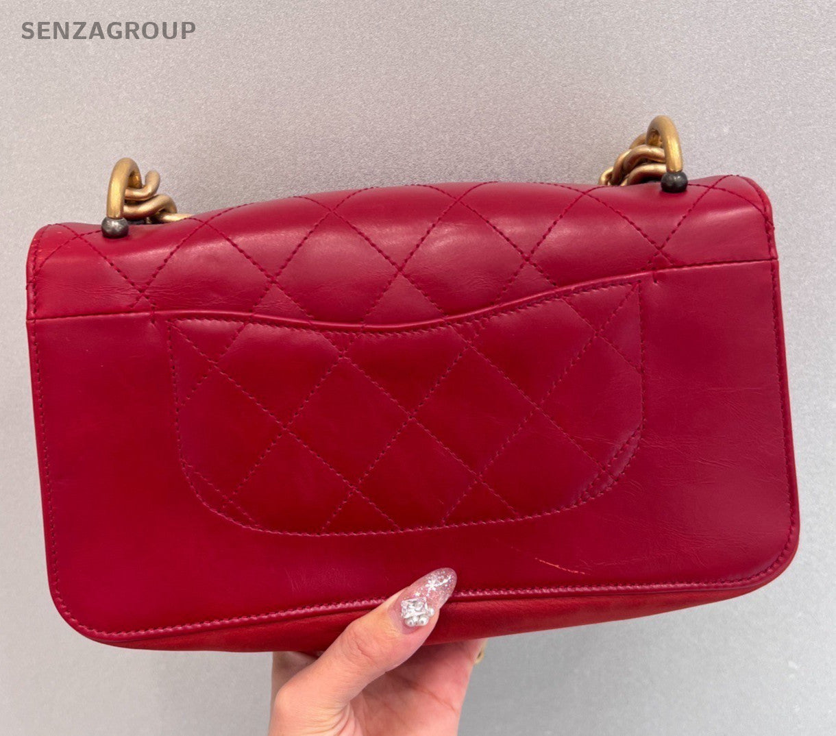 Chanel Diamond MM Chain Shoulder Bag Crossbody Red Gold Used Women Classic
