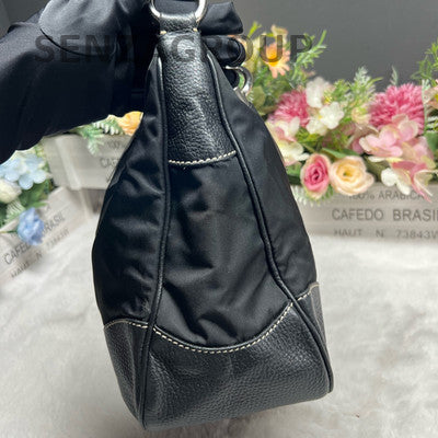 Prada Black Silver Nylon Hobo Shoulder Bag Classic Fashion Women