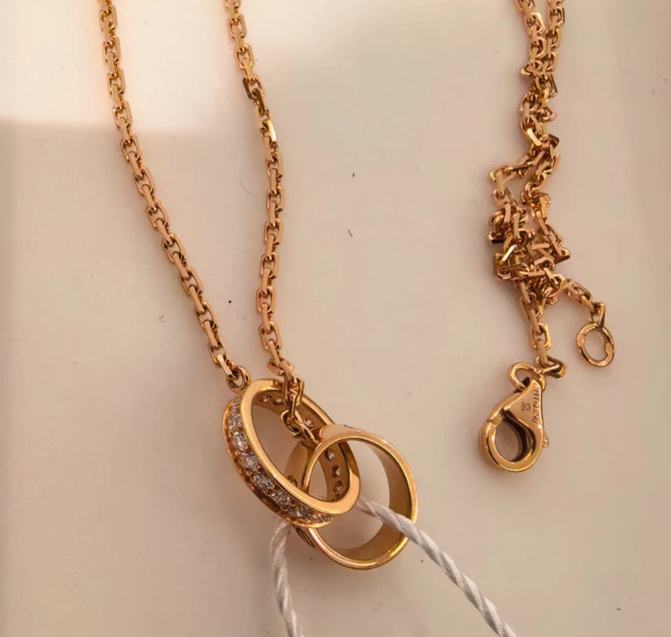 Cartier Love 18K Rose Gold Necklace with Diamonds Double Round Ring Pendant