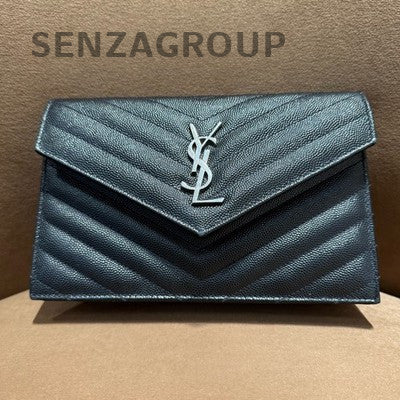 Saint Laurent Cassandre Leather Chain Shoulder Bag Black Silver Classic
