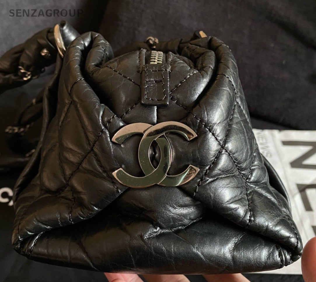 Chanel Diamond Bowling Top Handle Bag Black Silver Women Classic