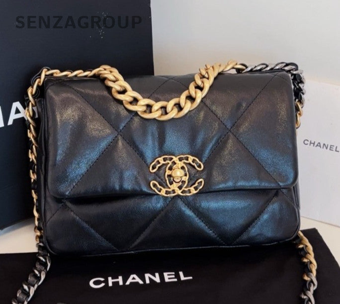 Chanel 19Bag PM Chain Shoulder Bag Crossbody Black Gold Women Classic Diamond