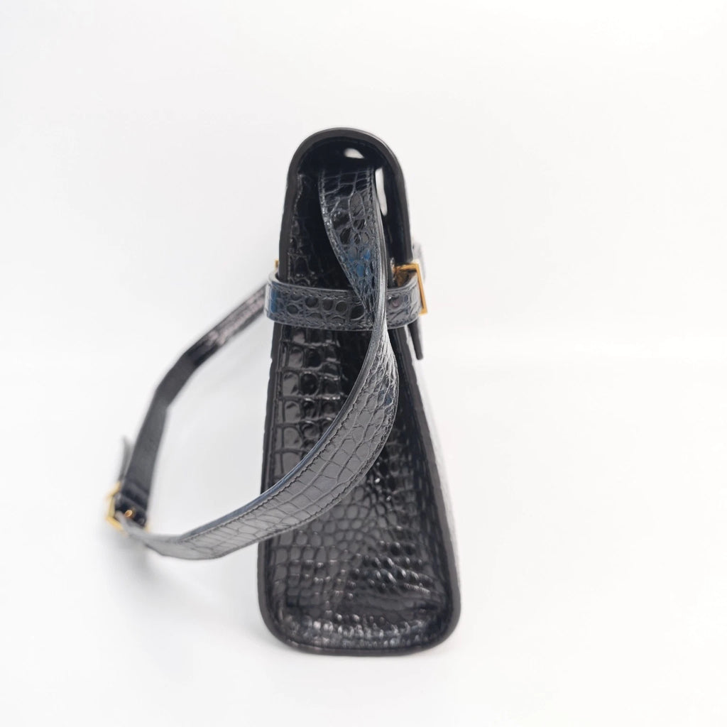 YSL Manhattan Medium Black Croc Embossed Leather Shoulder Bag Women