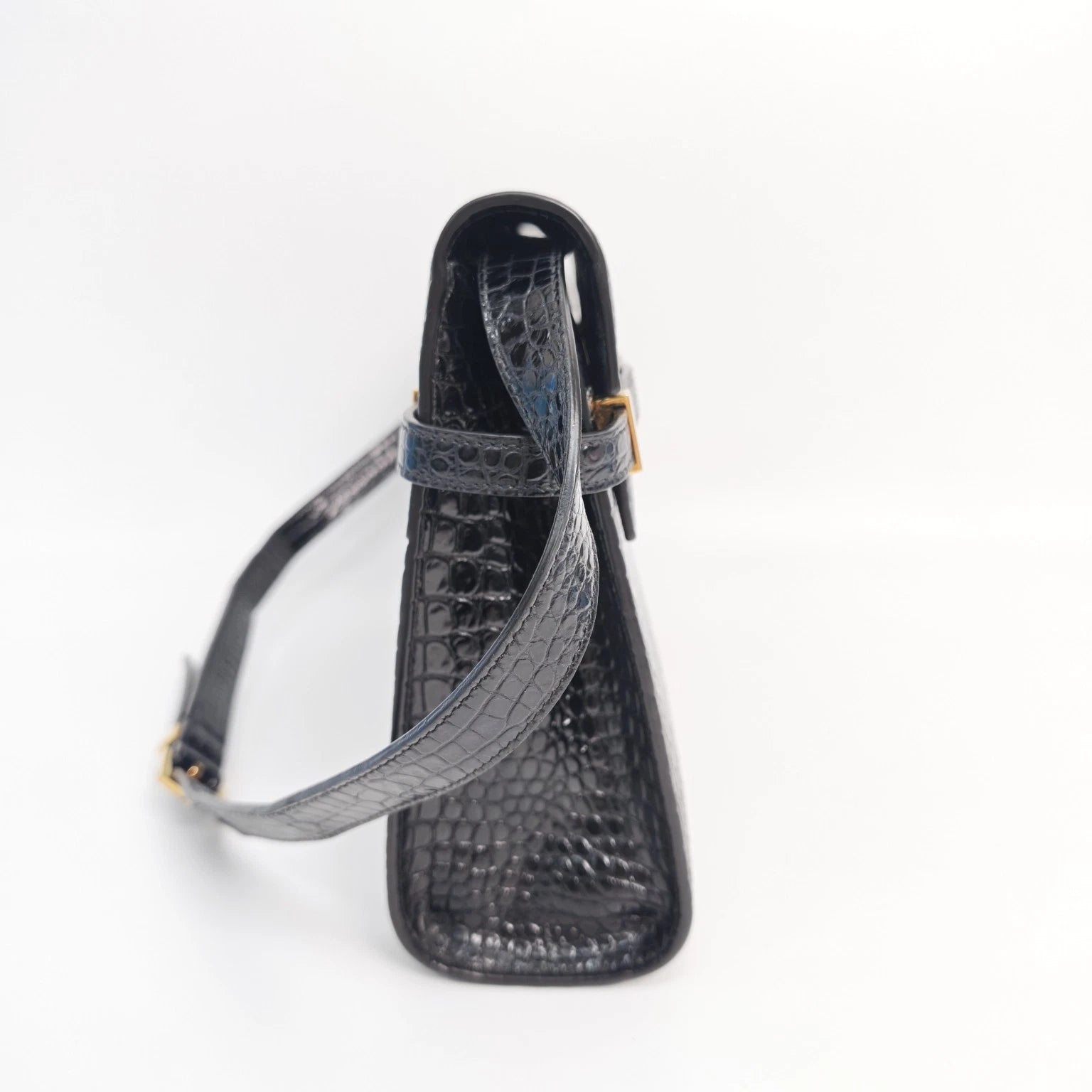 YSL Manhattan Medium Black Croc Embossed Leather Shoulder Bag Women