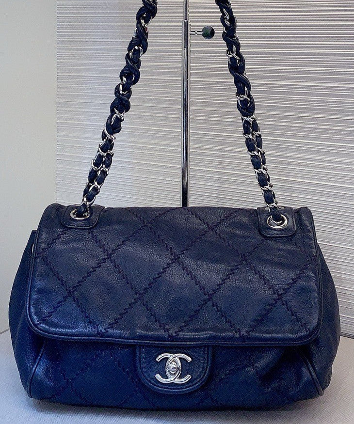 Chanel Calfskin Chain Shoulder Bag Blue Silver Used Women Classic Designer