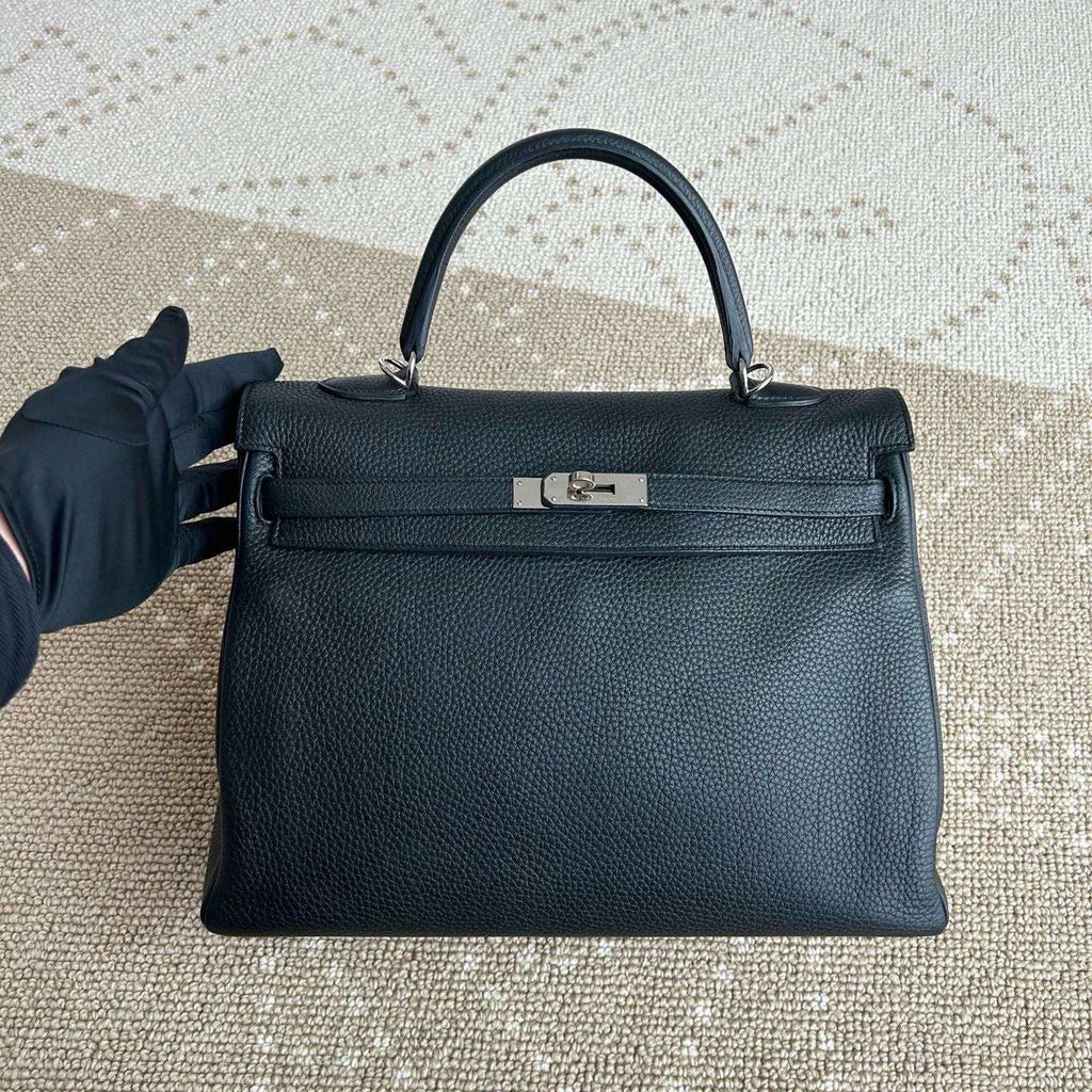 Hermes Kelly35 Top Handle Bag Crossbody Black Silver Women Classic