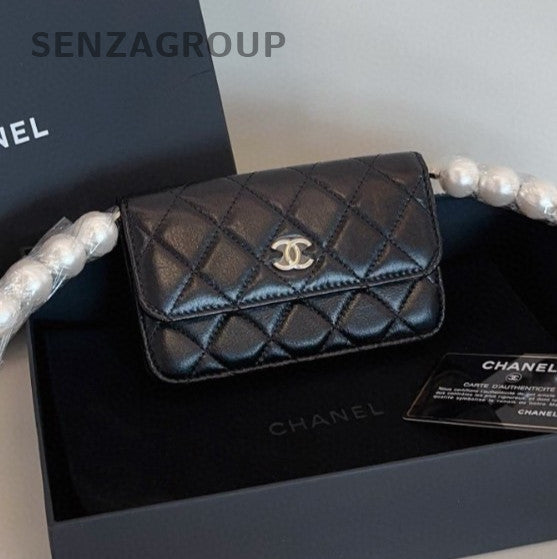 Chanel WOC Diamond Pearl Chain Crossbody Black Gold Women Designer Fashion
