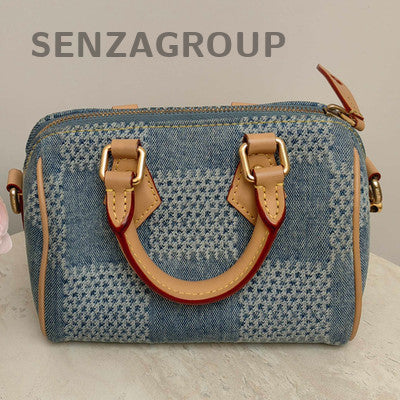 Louis Vuitton Damier Nano Speedy 18 Denim Blue Gold Women's Handbag