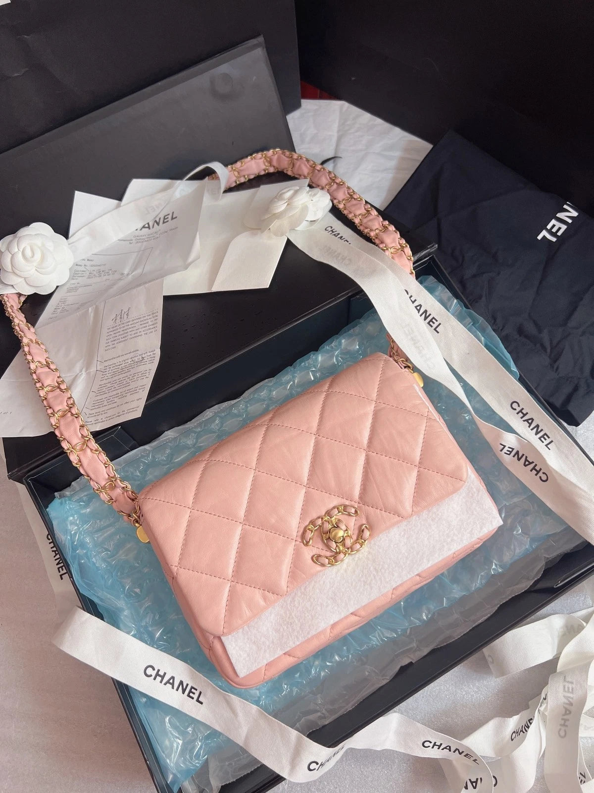 Chanel Diamond Calfskin Chain Shoulder Bag Pink Gold Used Women Classic