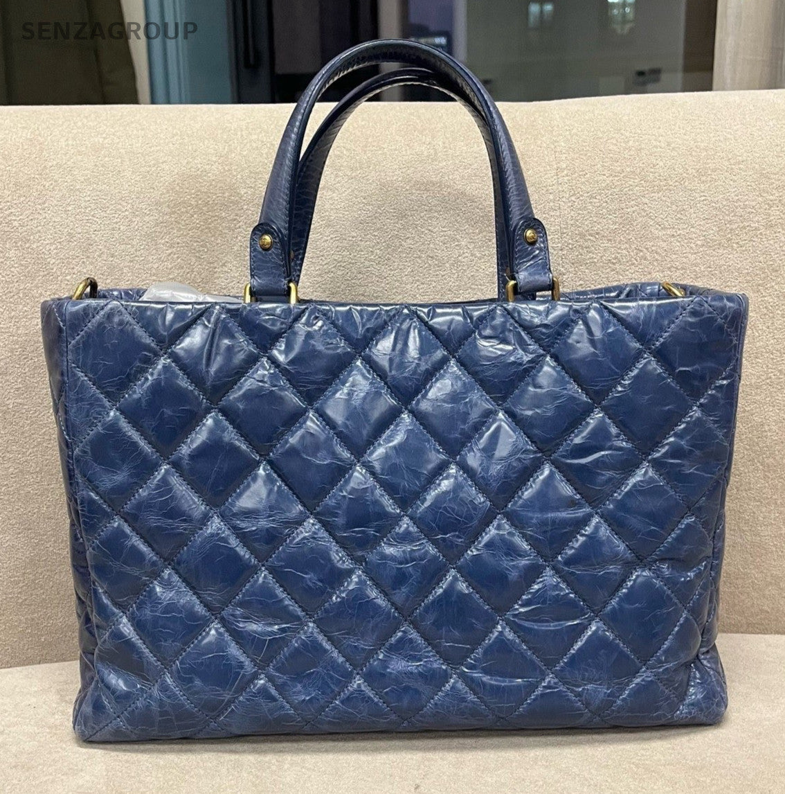 Chanel Diamond Tote Chain Shoulder Bag Top Handle Bag Blue Gold Women Classic