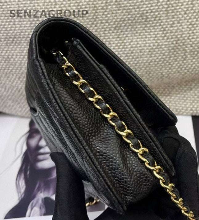 Chanel WOC Chain Diamond Shoulder Bag Black Gold Women Classic