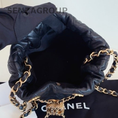 Chanel Diamond Chain Bucket Shoulder Bag Crossbody Black Gold Women Classic