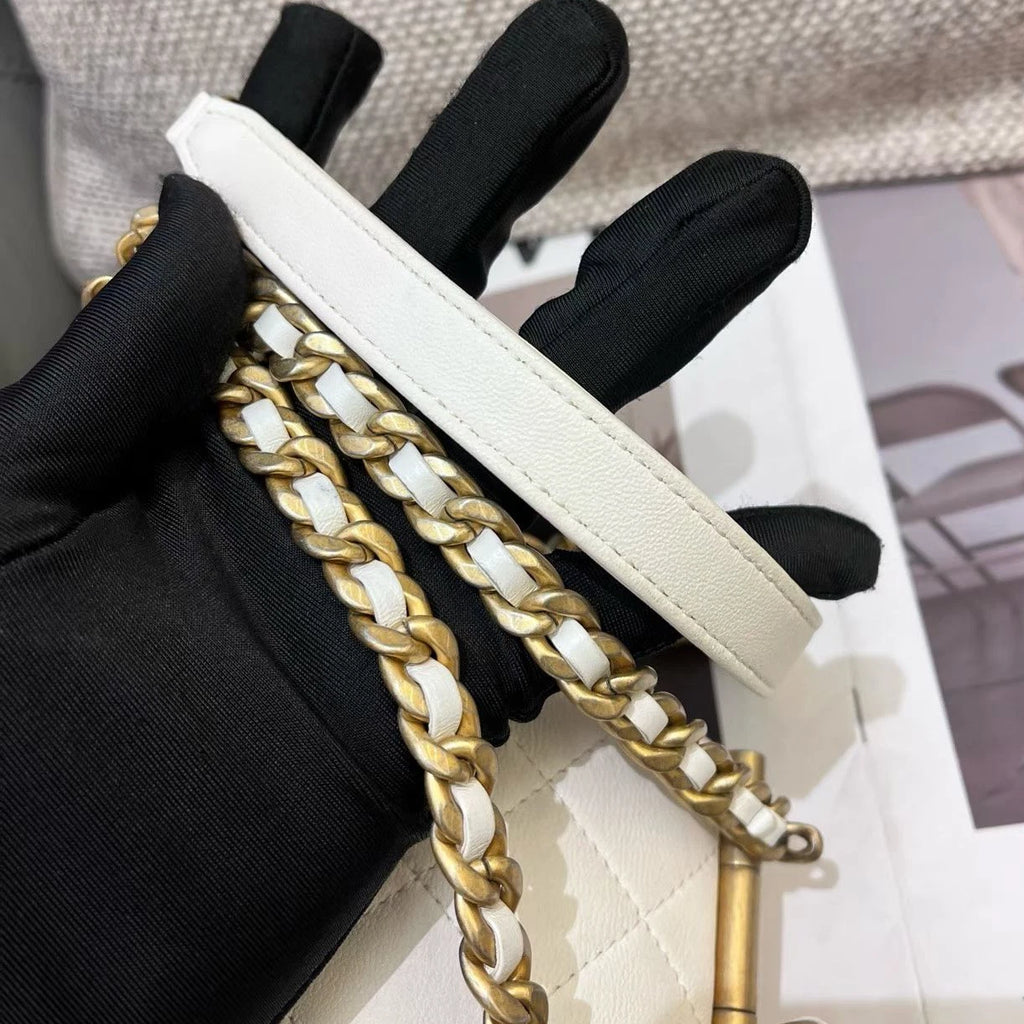 Chanel Diamond Chain Top Handle Crossbody White Gold Women Classic