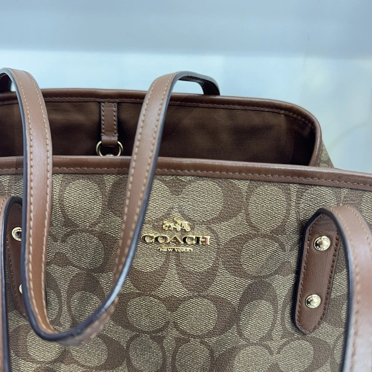 Coach Beige Printed Canvas Tote Shoulder Bag For Women