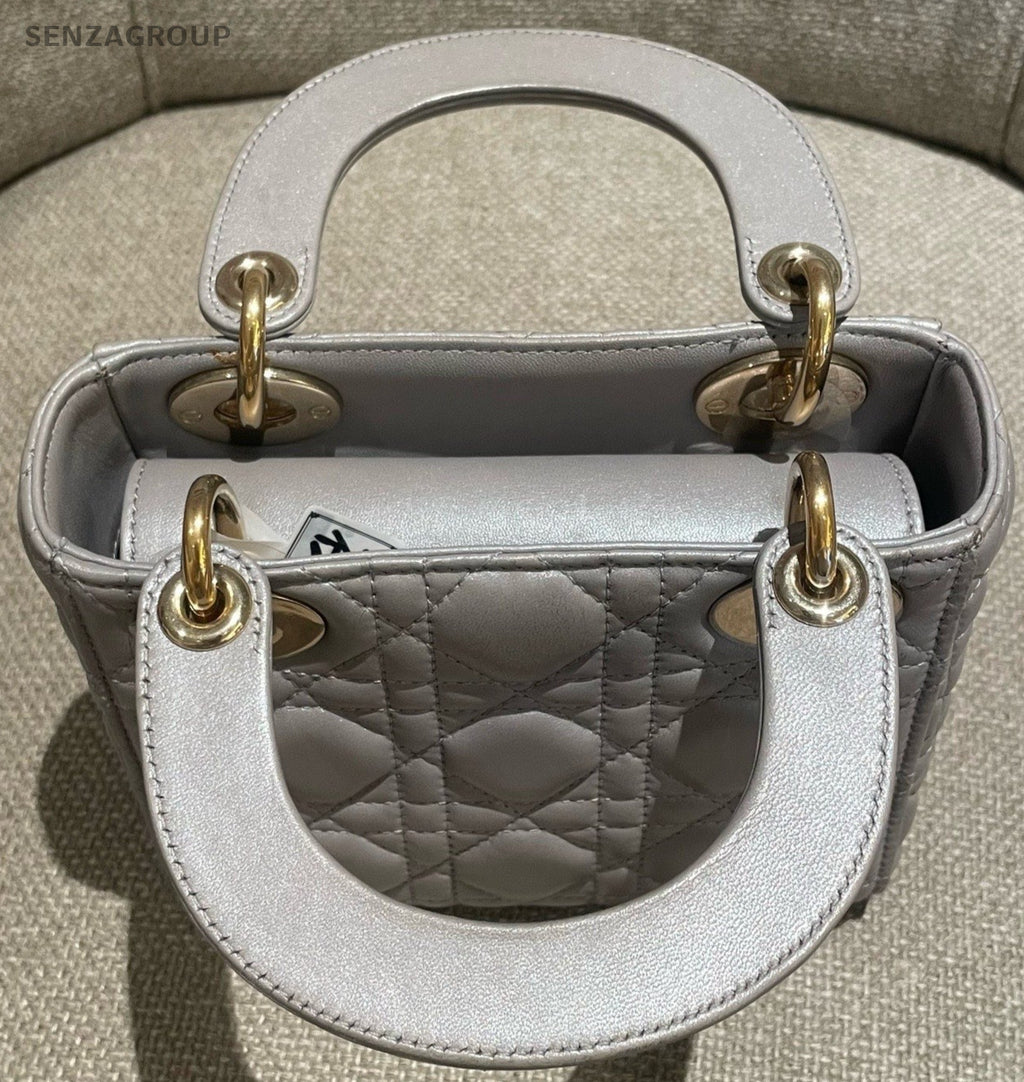 Christian Dior Lady Dior Chain Crossbody Top Handle Bag Gray Gold Women Fashion