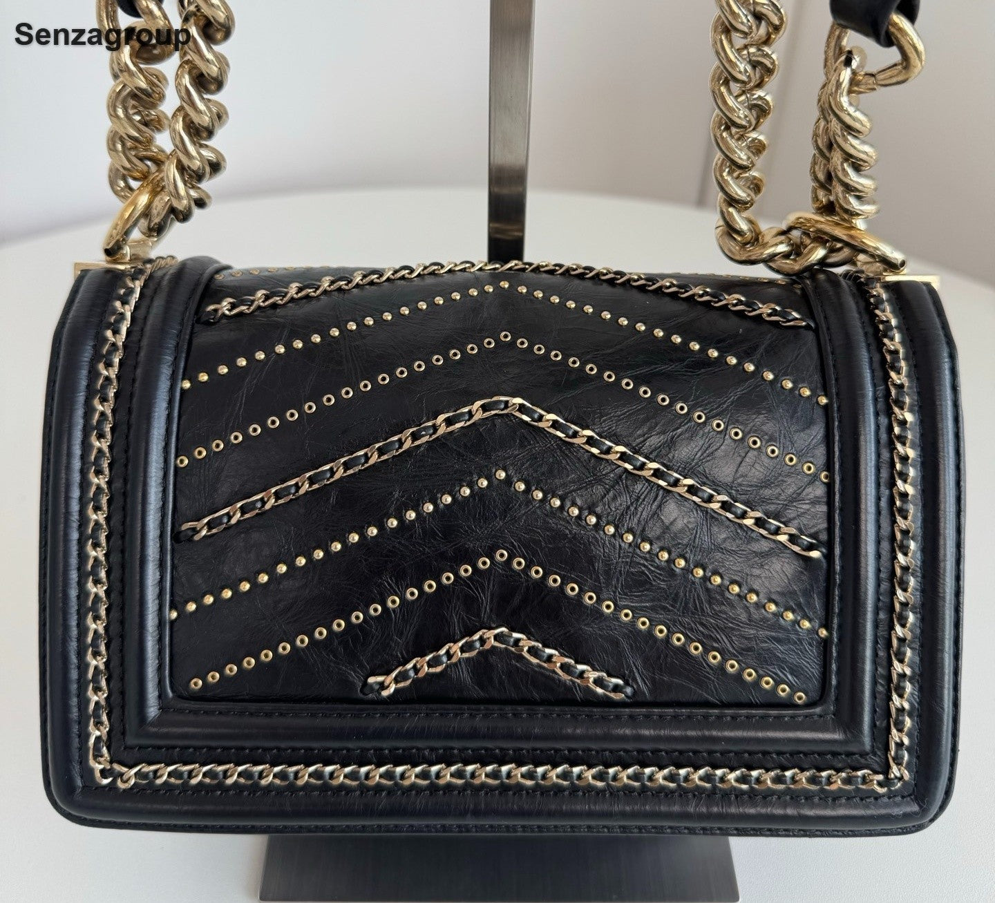 Chanel Leboy PM Calfskin Chain Shoulder Bag Black Gold Women Classic Fashion