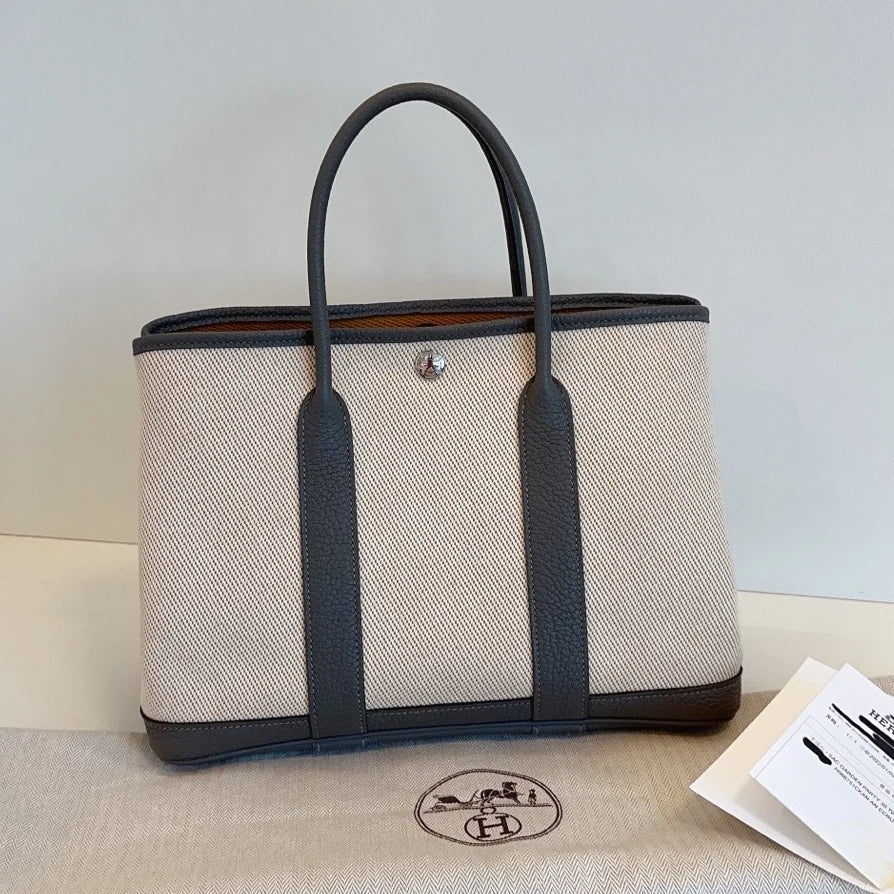 Hermes Garden Party30 Tote Top Handle Bag Ivory Gray Women Classic