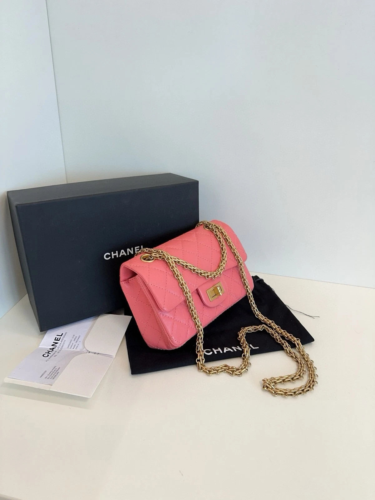 Chanel 2.55 Large Mini Peach Pink Gold Leather Crossbody Women