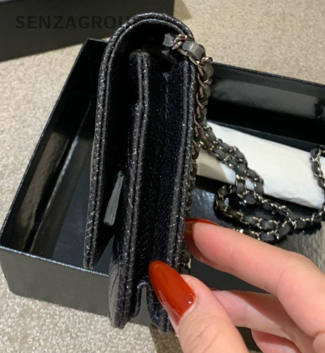 Chanel Diamond WOC Chain Calfskin Crossbody Black Silver Women Classic Fashion